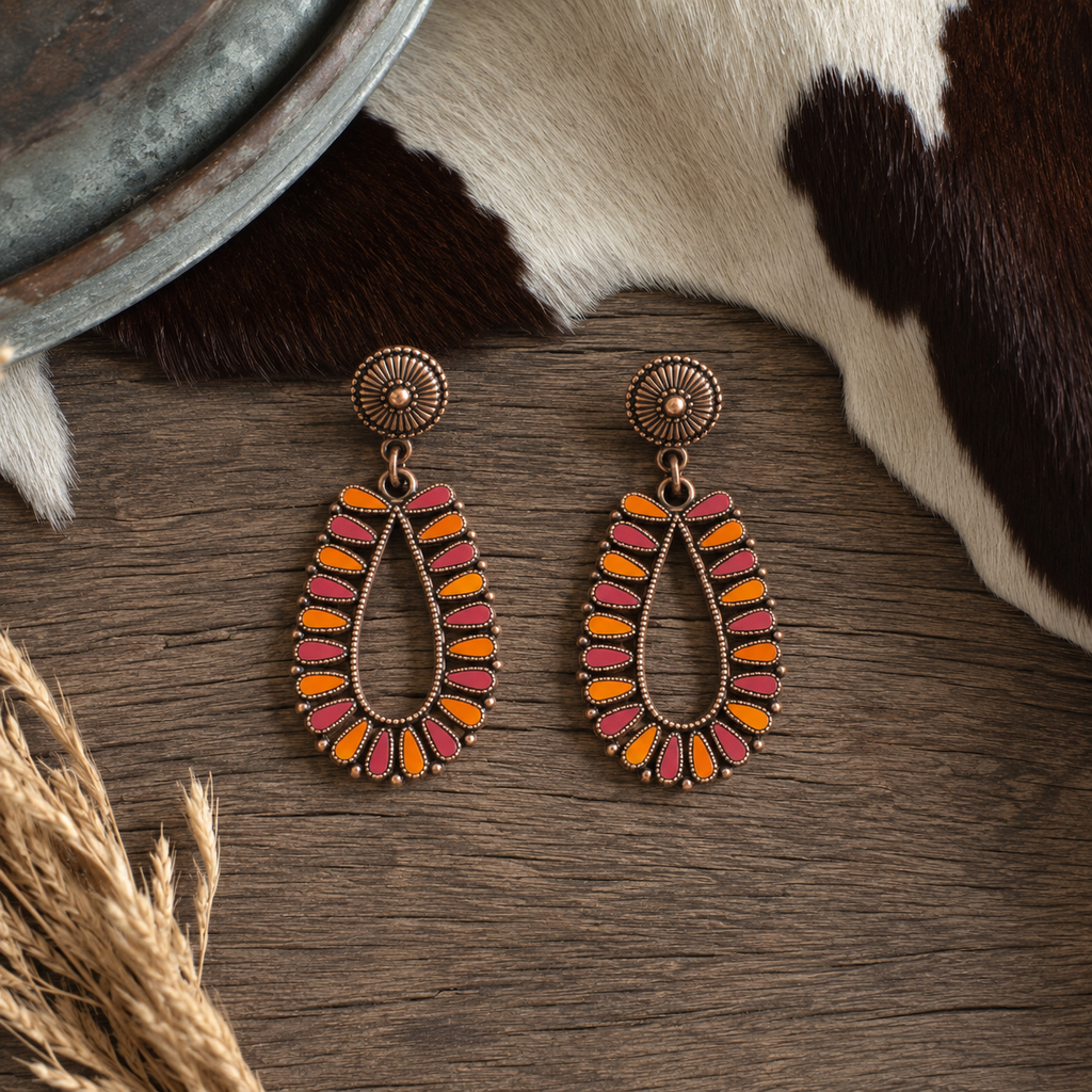 Orange & Hot Pink Teardrop Concho Earrings