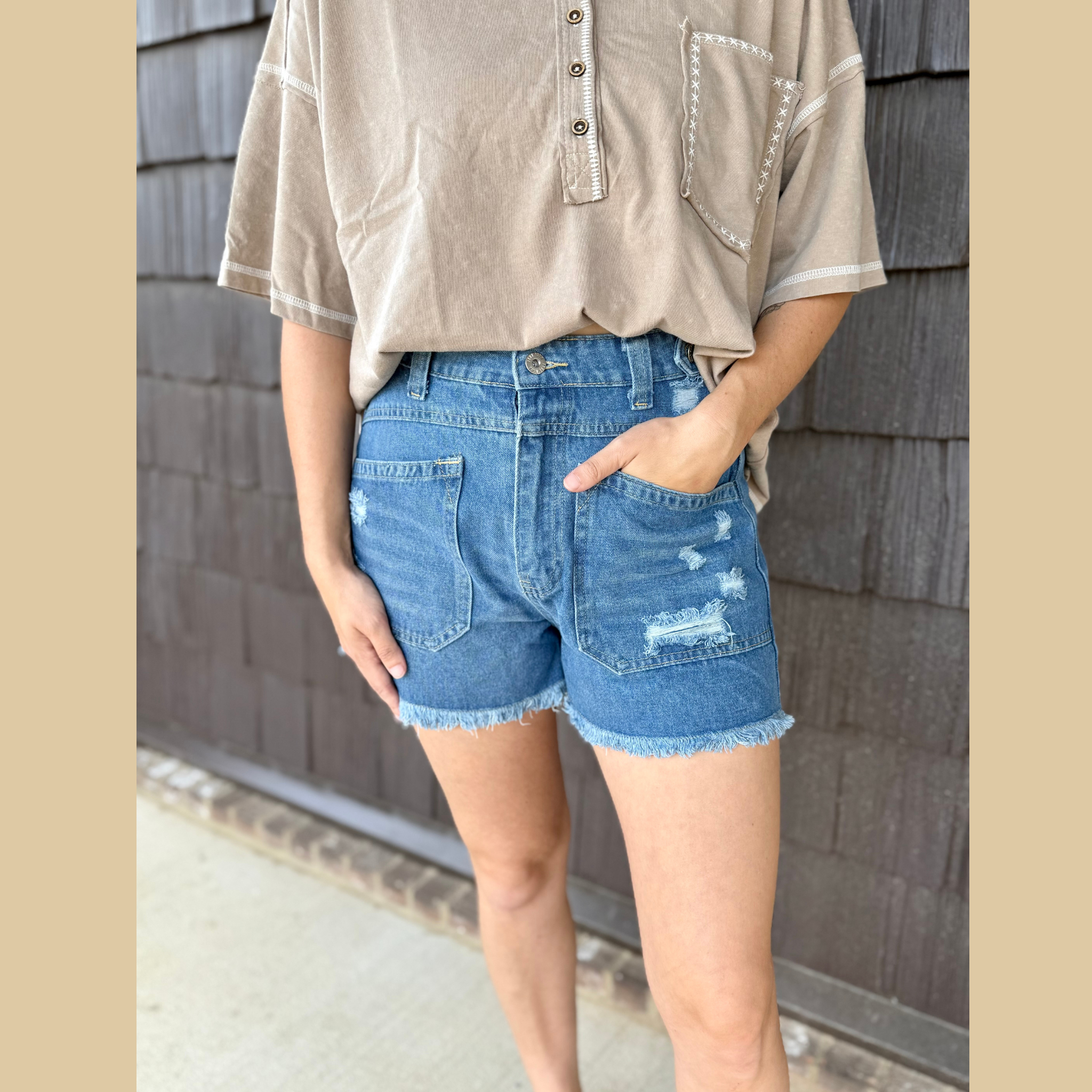 High Rise Distressed Denim Shorts
