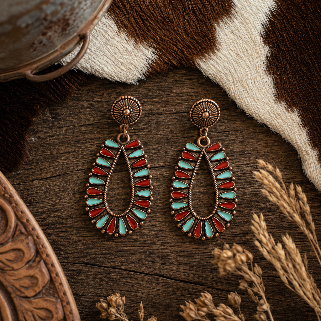 Turquoise & Red Teardrop Concho Earrings