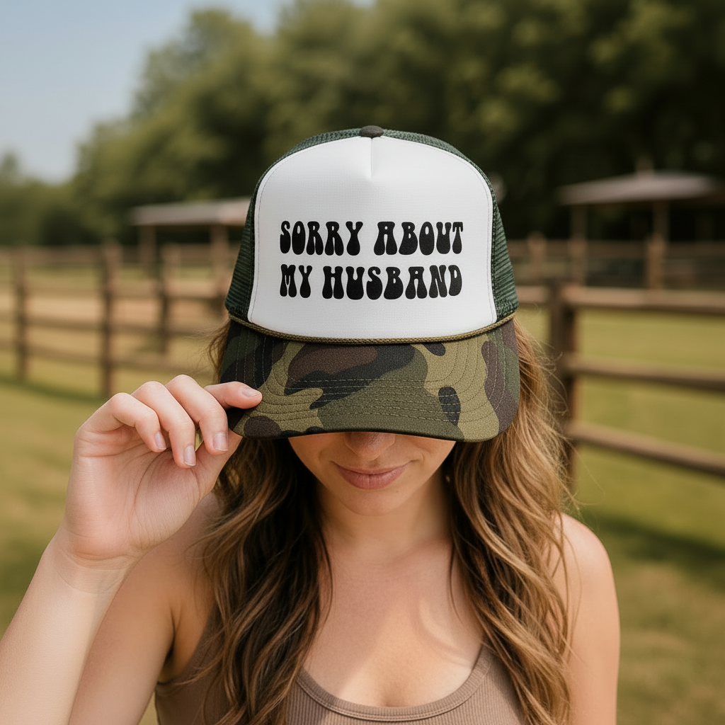 Sorry About My Husband Trucker Hat - Camo