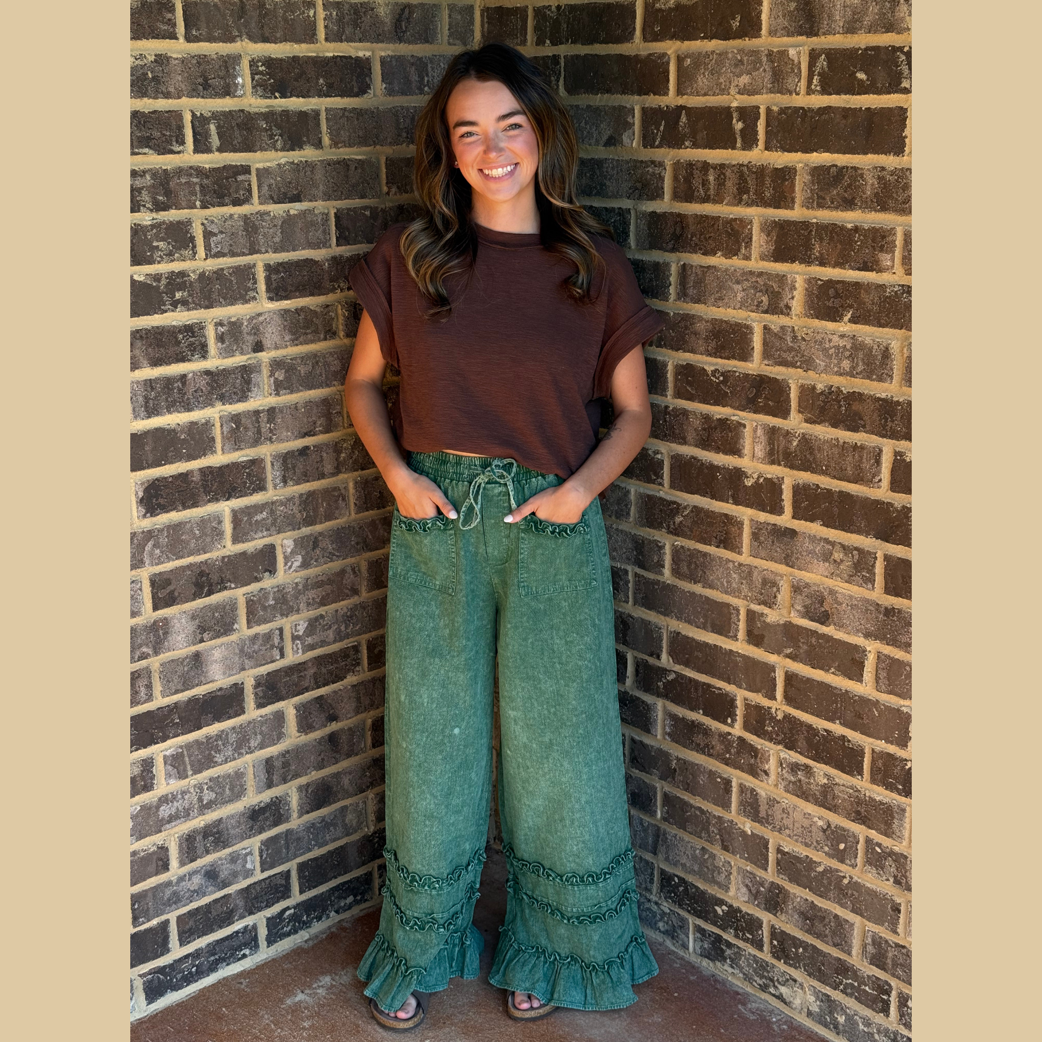 Green Mineral Wash Ruffle Wide Leg Pants