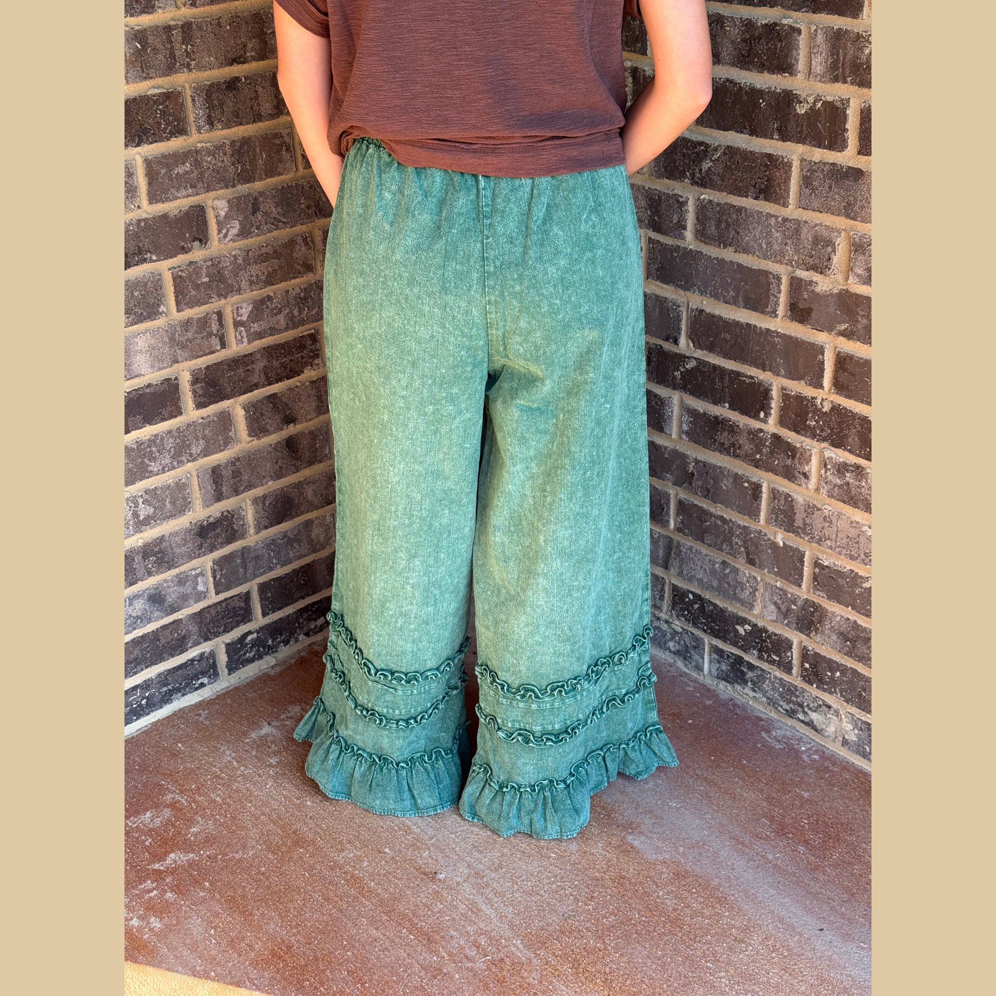 Green Mineral Wash Ruffle Wide Leg Pants