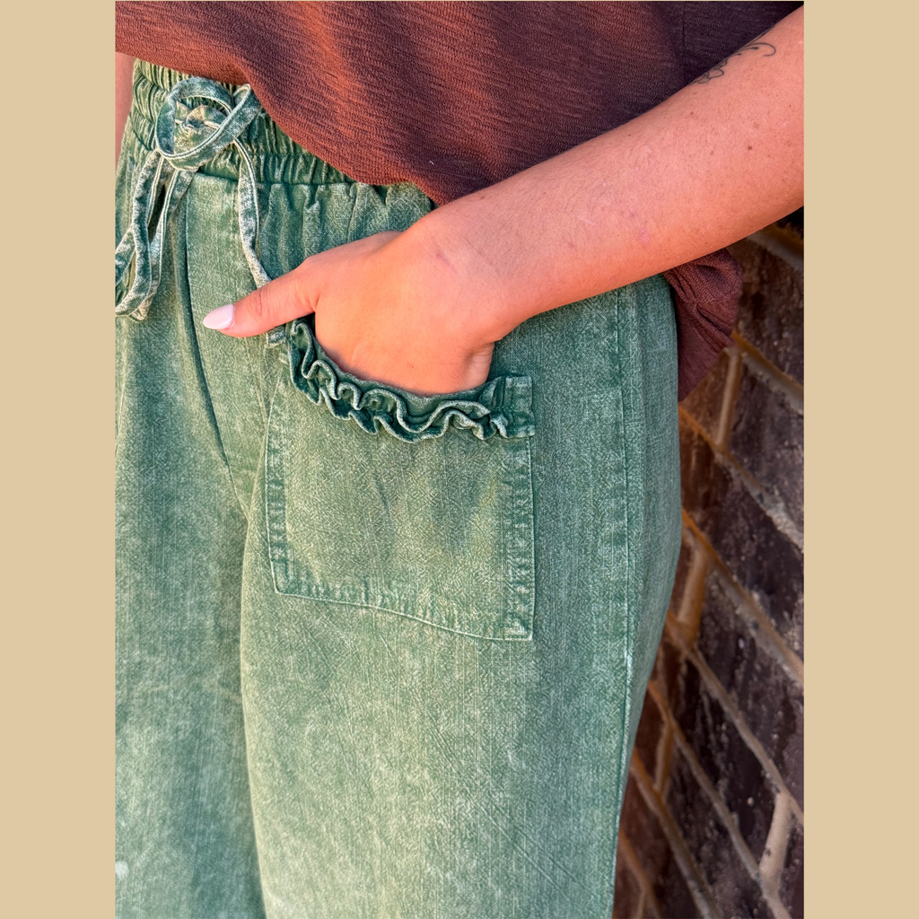 Green Mineral Wash Ruffle Wide Leg Pants