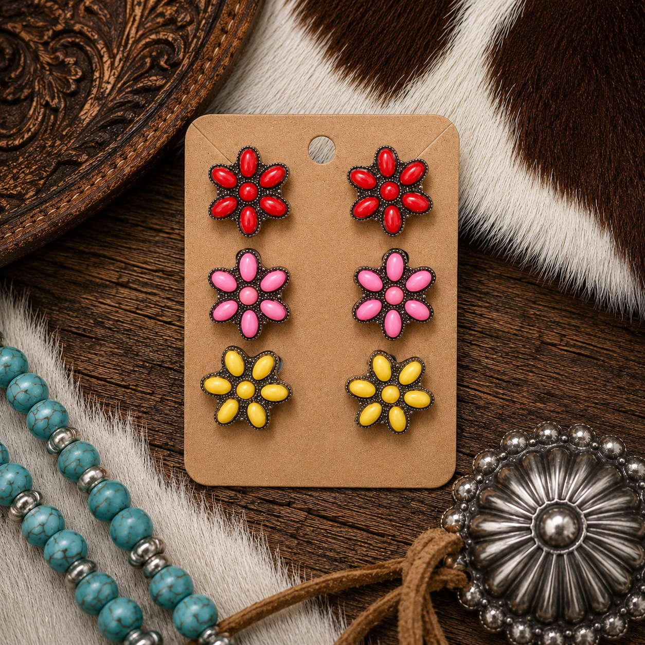 Western Flower Stud Earring Set — 3 Pair