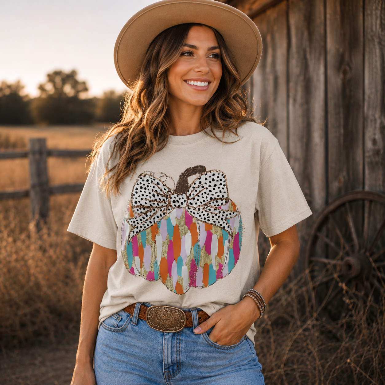 Colorful Pumpkin Bow Graphic Tee
