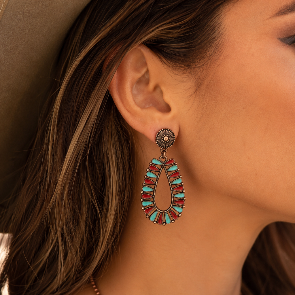 Turquoise & Red Teardrop Concho Earrings