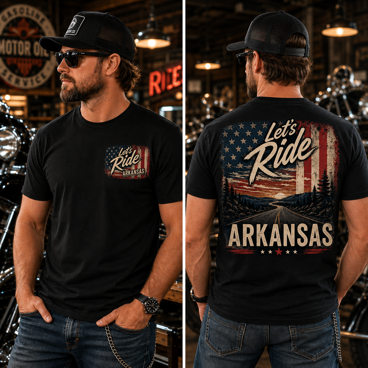 Let's Ride Arkansas Tee – American Flag