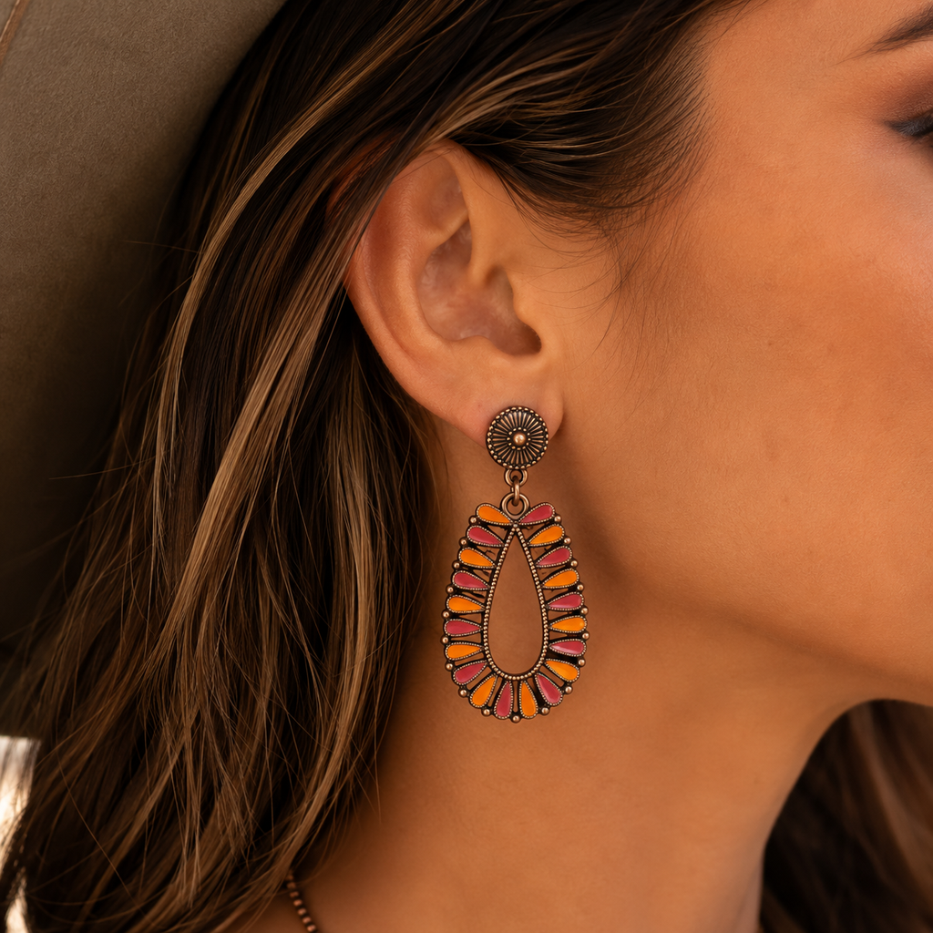 Orange & Hot Pink Teardrop Concho Earrings